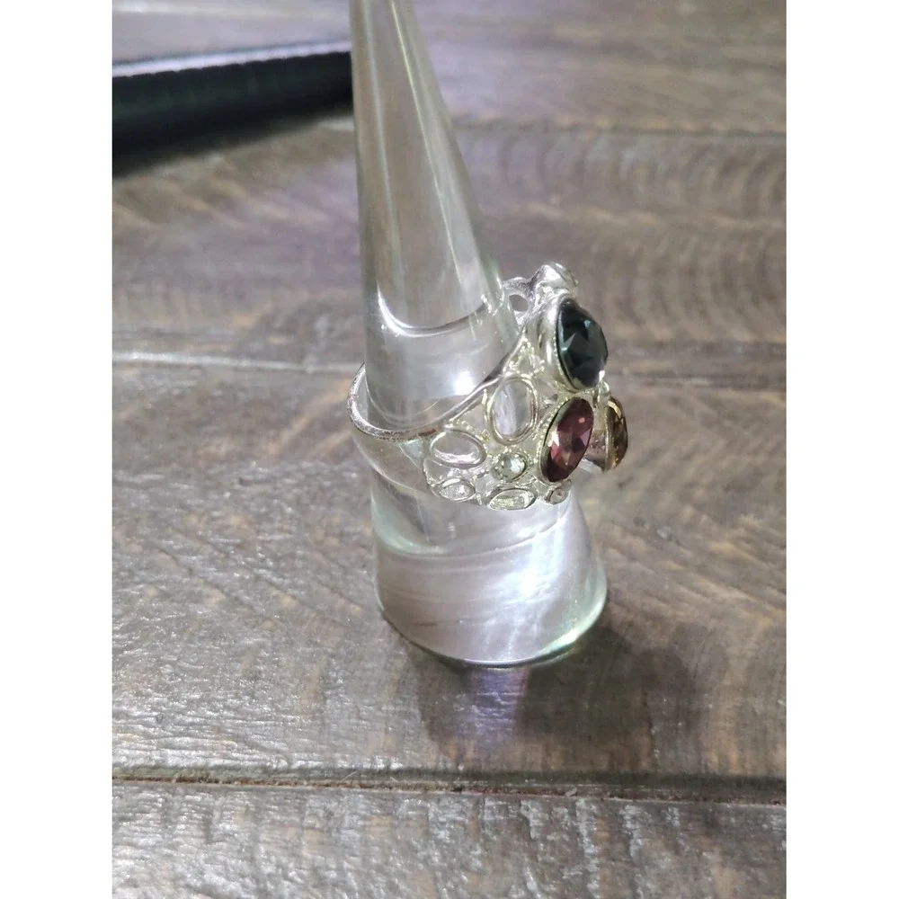 Multicolor Rhinestone Statement Cocktail Ring Silver Tone Size 7.5 Womens